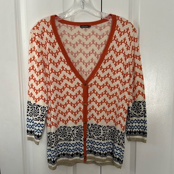 J.McLaughlin quiet luxury v-neck cardigan, cream, orange & blue patterns, small - Picture 1 of 8
